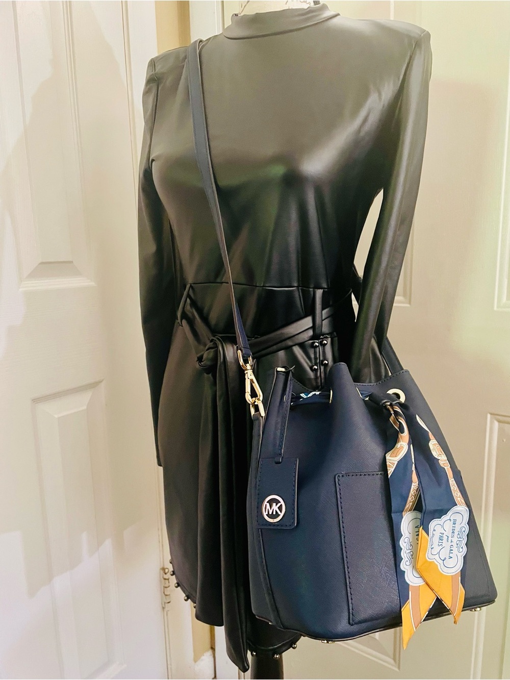 Michael Kors Navy Leather Bucket Bag with Printed Scarf